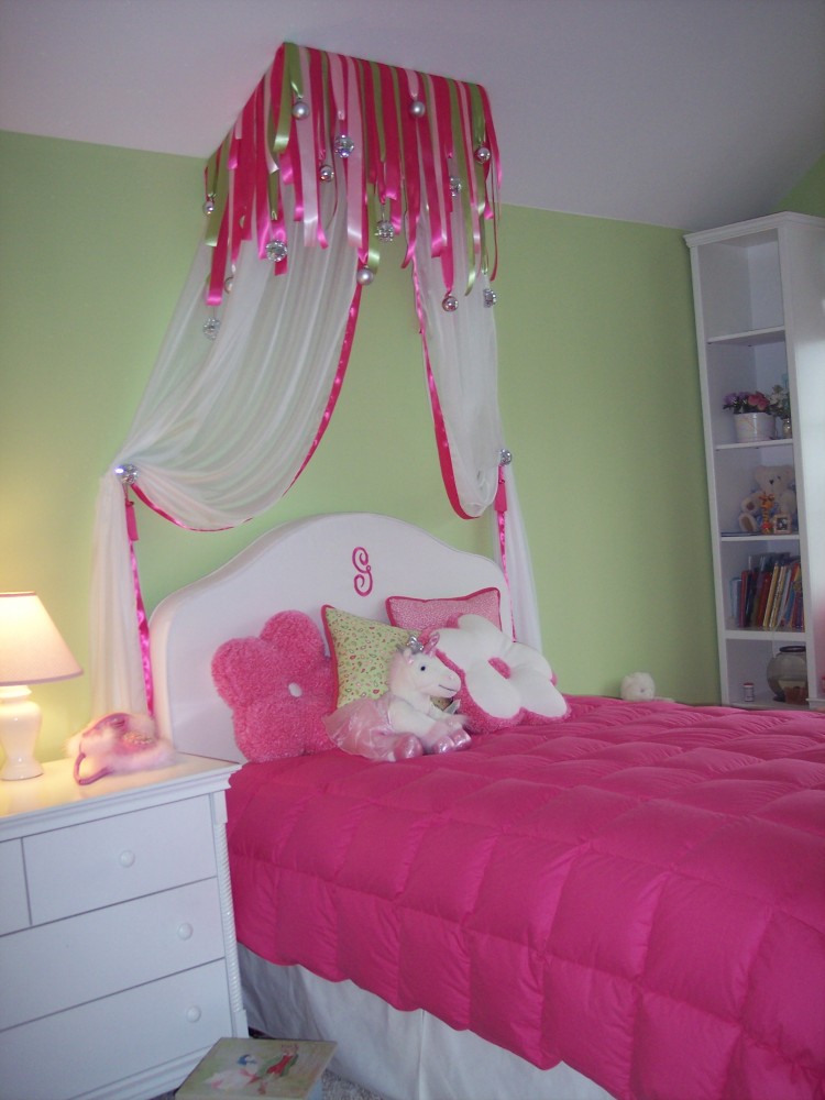girl bedroom sheer bed canopy disco balls ribbon