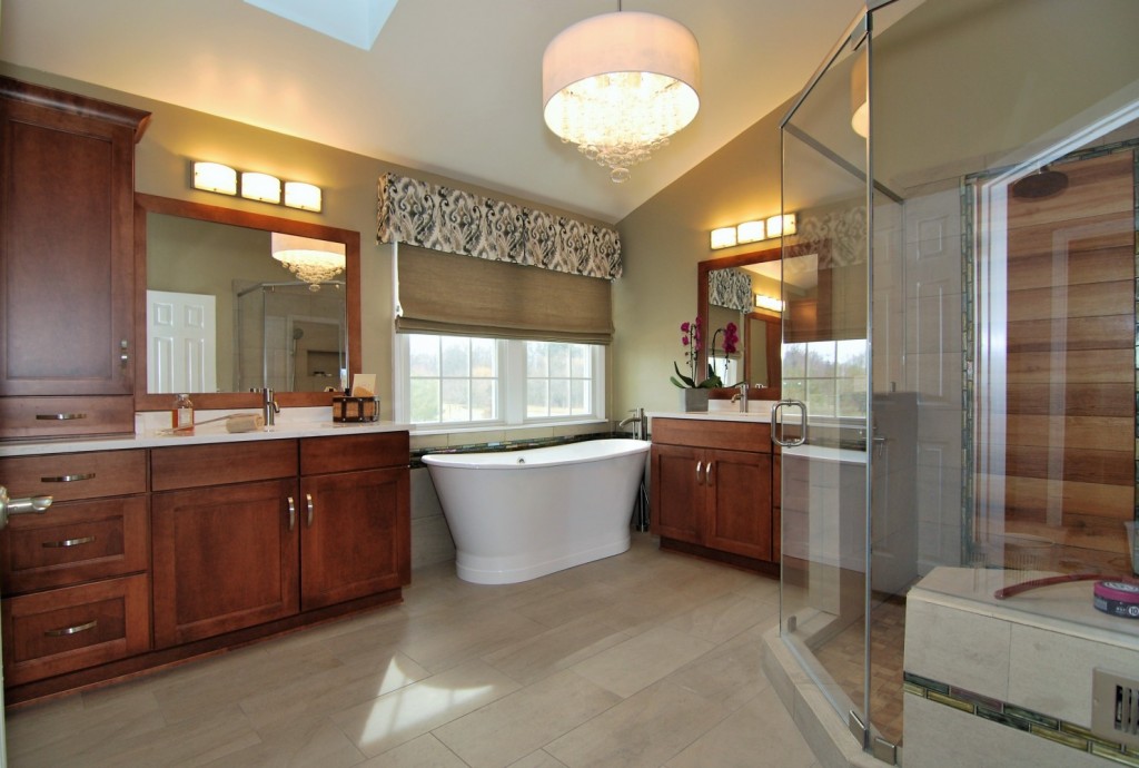 Separate Vanities Master Bath, Soaking Tub and Wood Plank Shower