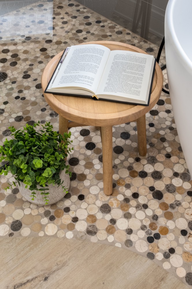 Modern bath coin tile vs plank flooring detail