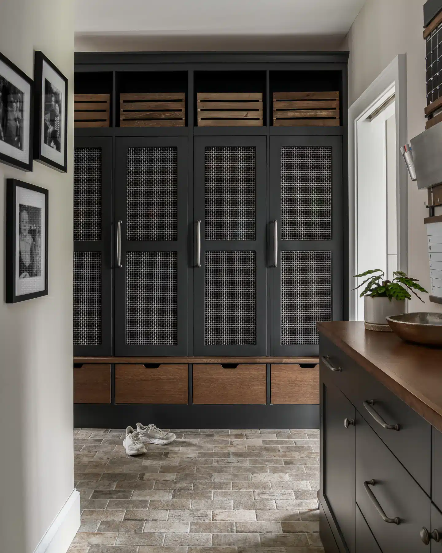 Moorestown, New Jersey mudroom renovationwith custom built mesh family lockers and organizer zone