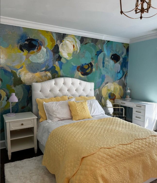 Teen-Girl-teal-and-yellow-bedroom-with-Wallism-mural-wallpaper-Moorestown-New-Jersey