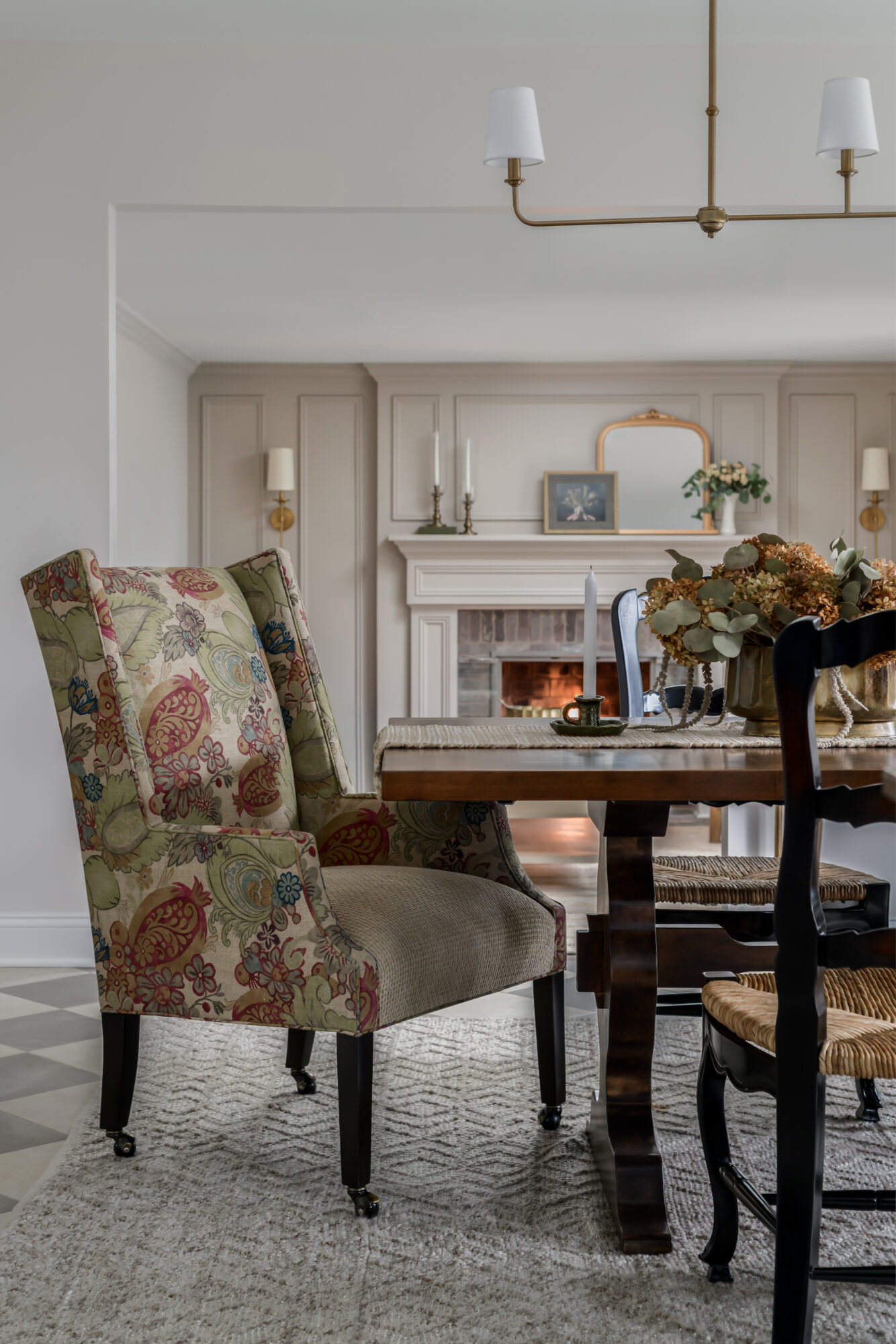 Custom floral Taylor King Danielle host chair with casters and pedestal table, Marlton, New Jersey