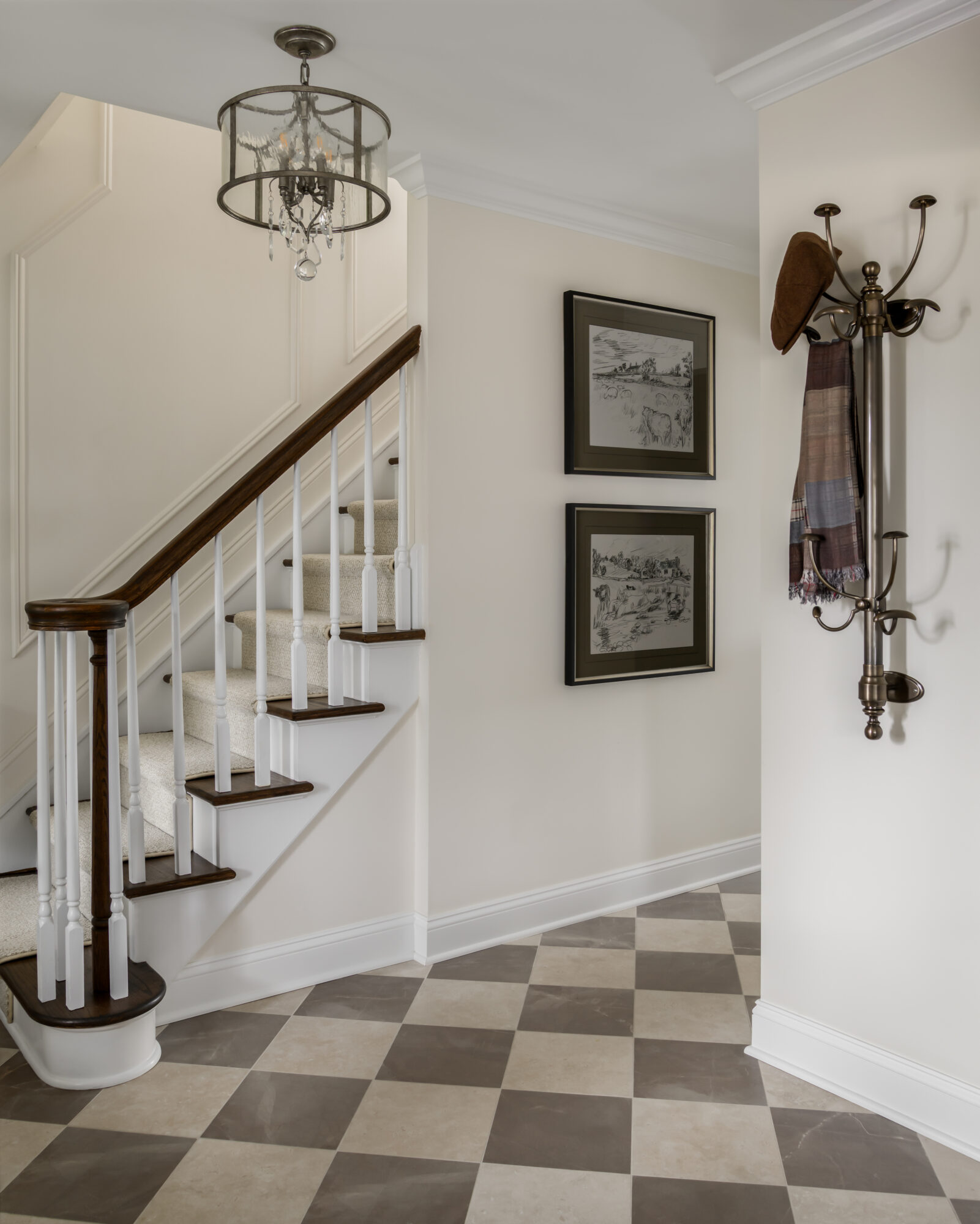 English style entry, Marlton, New Jersey, with Arhuas coat rack, diagonal check tile floor