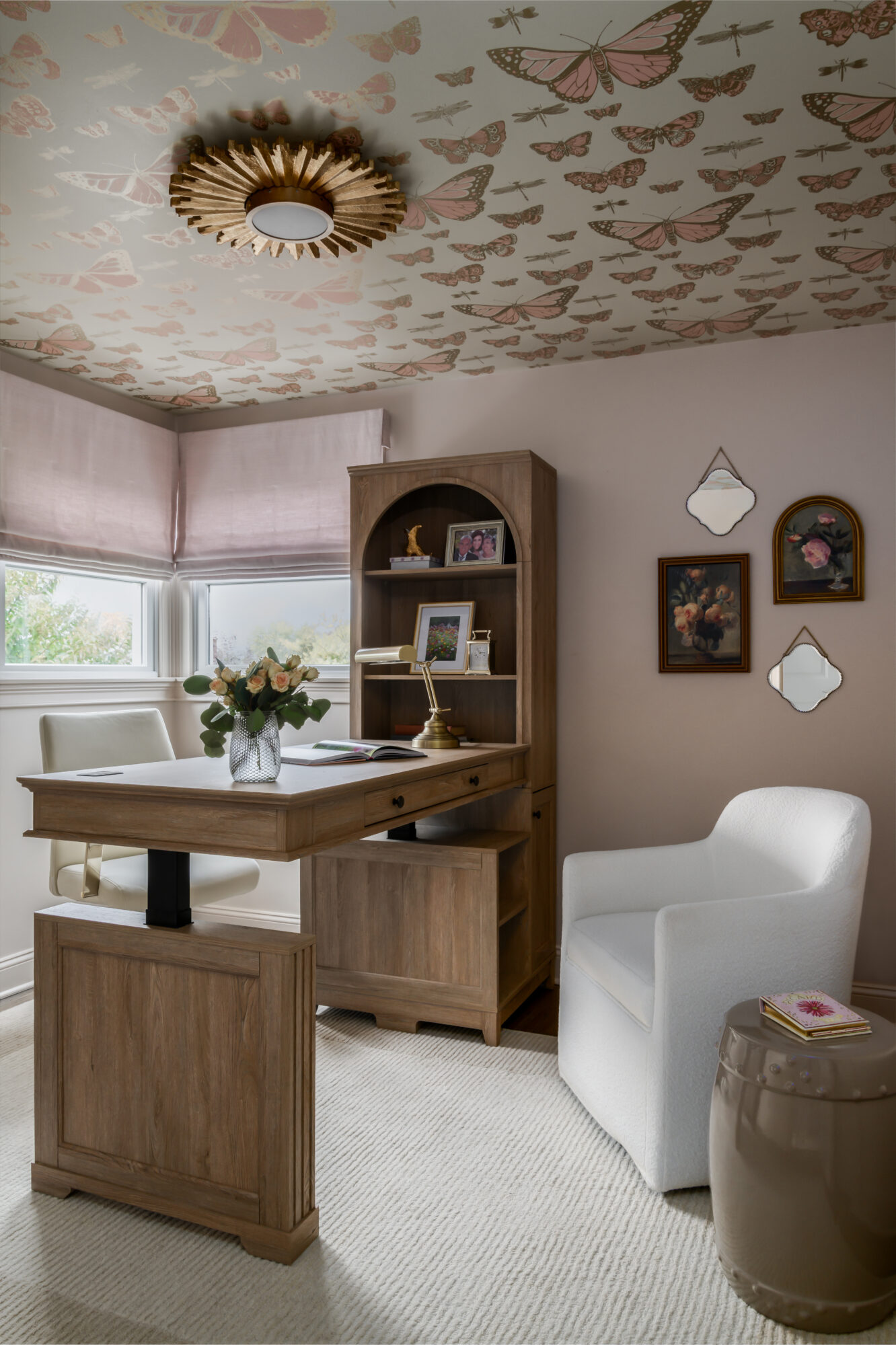 Femine office with HulalaHome stand desk, lepidoptera wallpaper on ceiling, SW6057 paint, Marlton, New Jersey
