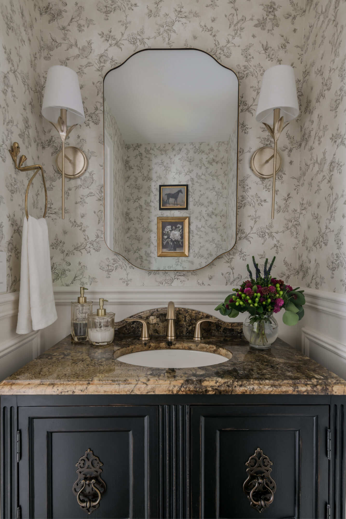 Marlton, New Jersey, Bathroom design renovation with toile wallpaper and black old world vanity