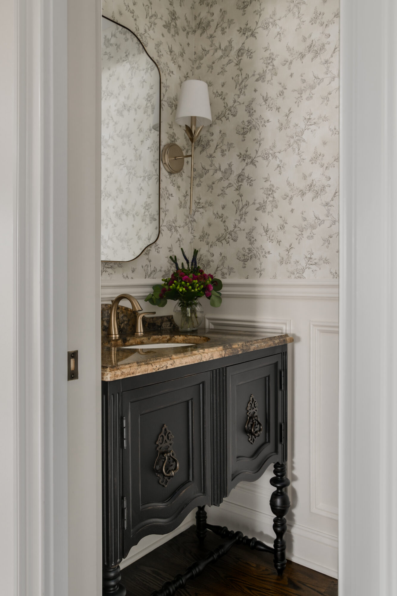 Marlton, New Jersey, Renovated and redesigned Bathroom with toile wallpaper and black old world vanity