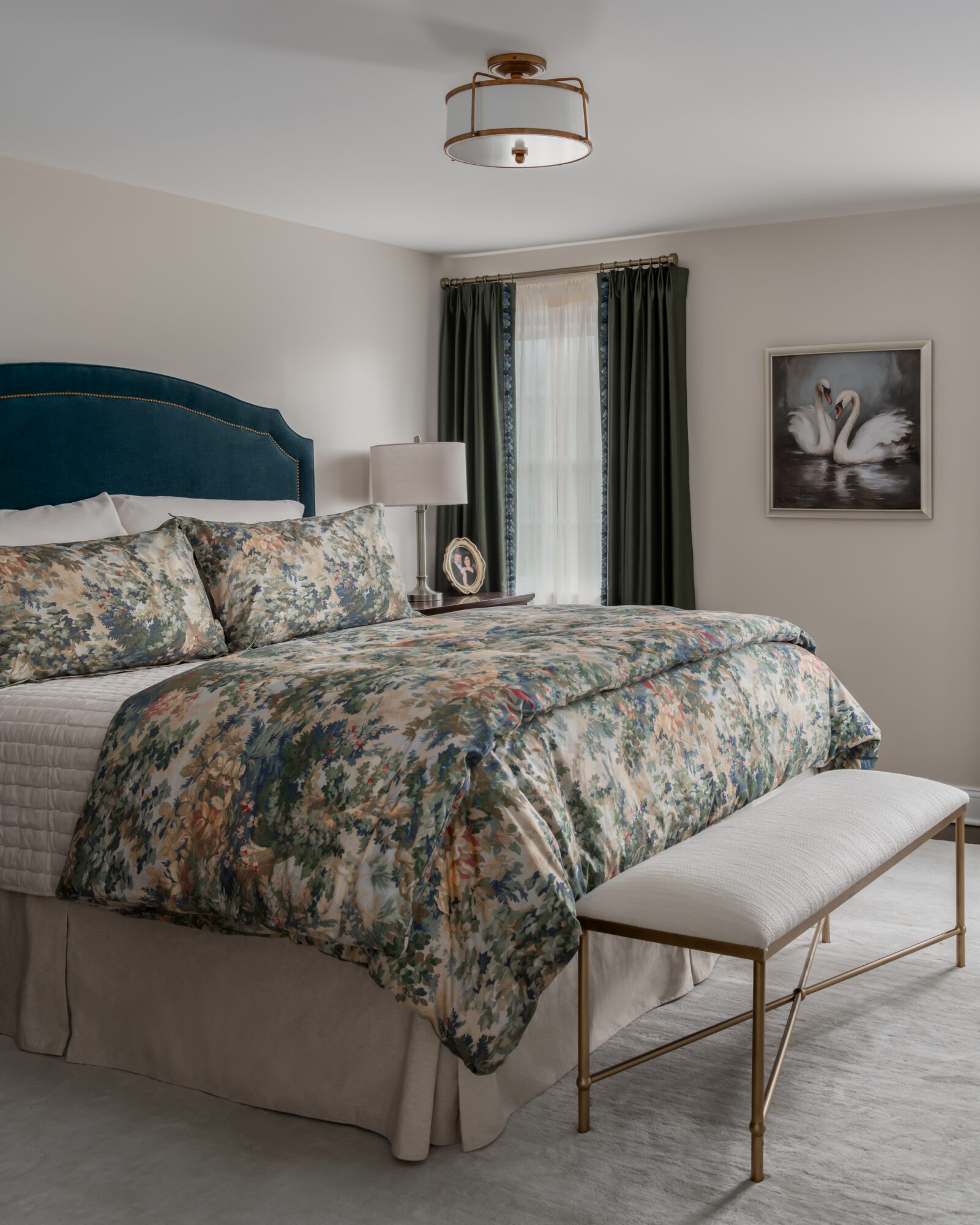 Marlton, New Jersey, primary bedroom with blue toile bedding, teal velvet headboard and custom drapes
