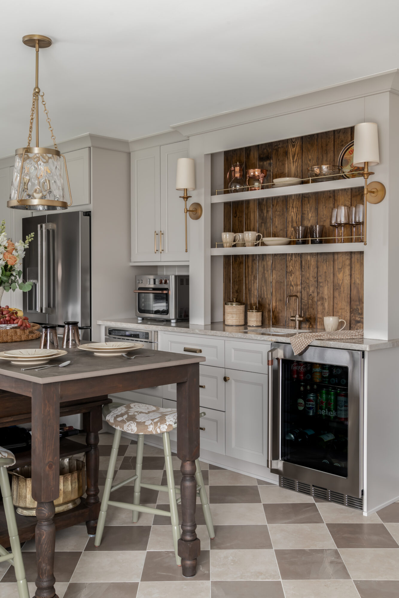 Modern English coffee bar, Marlton, New Jersey, antique island, green stools, matte checked diagonal tile
