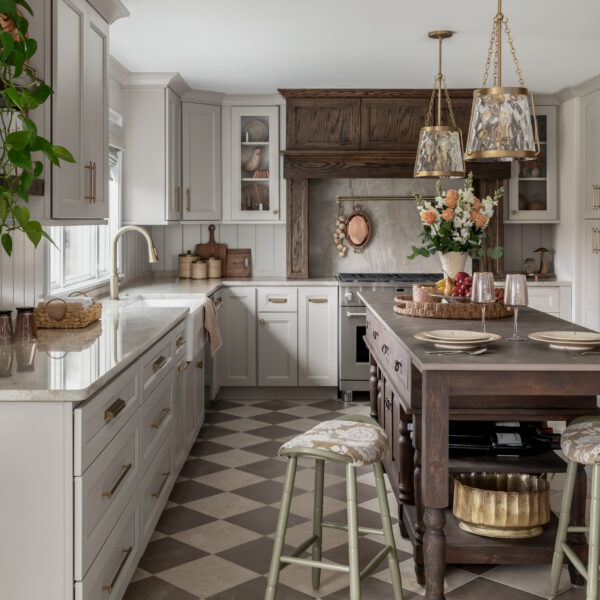 Modern English kitchen, Marlton, New Jersey, old world island, green stools, matte checked diagonal tile