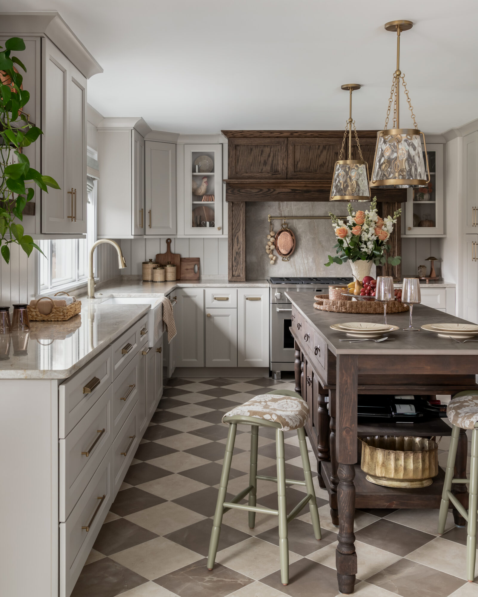 Modern English kitchen, Marlton, New Jersey, old world island, green stools, matte checked diagonal tile