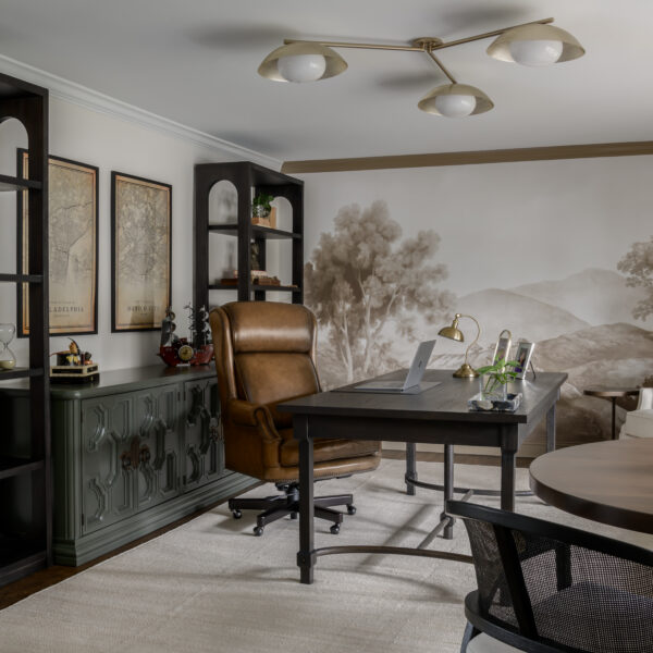 Office with OneKingsLane Edison Desk, Hooker bookcase, vintage landscape mural wallpaper in Marlton, New Jersey