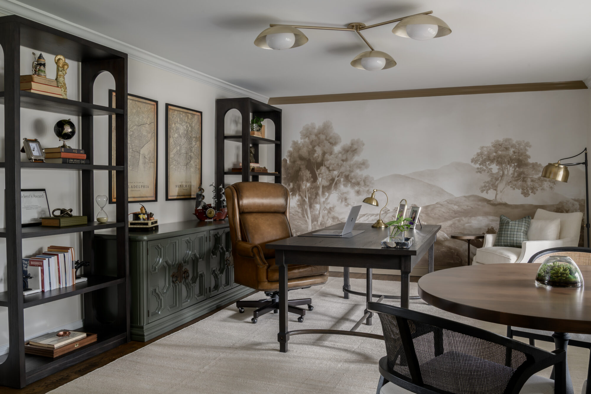 Office with OneKingsLane Edison Desk, Hooker bookcase, vintage landscape mural wallpaper in Marlton, New Jersey